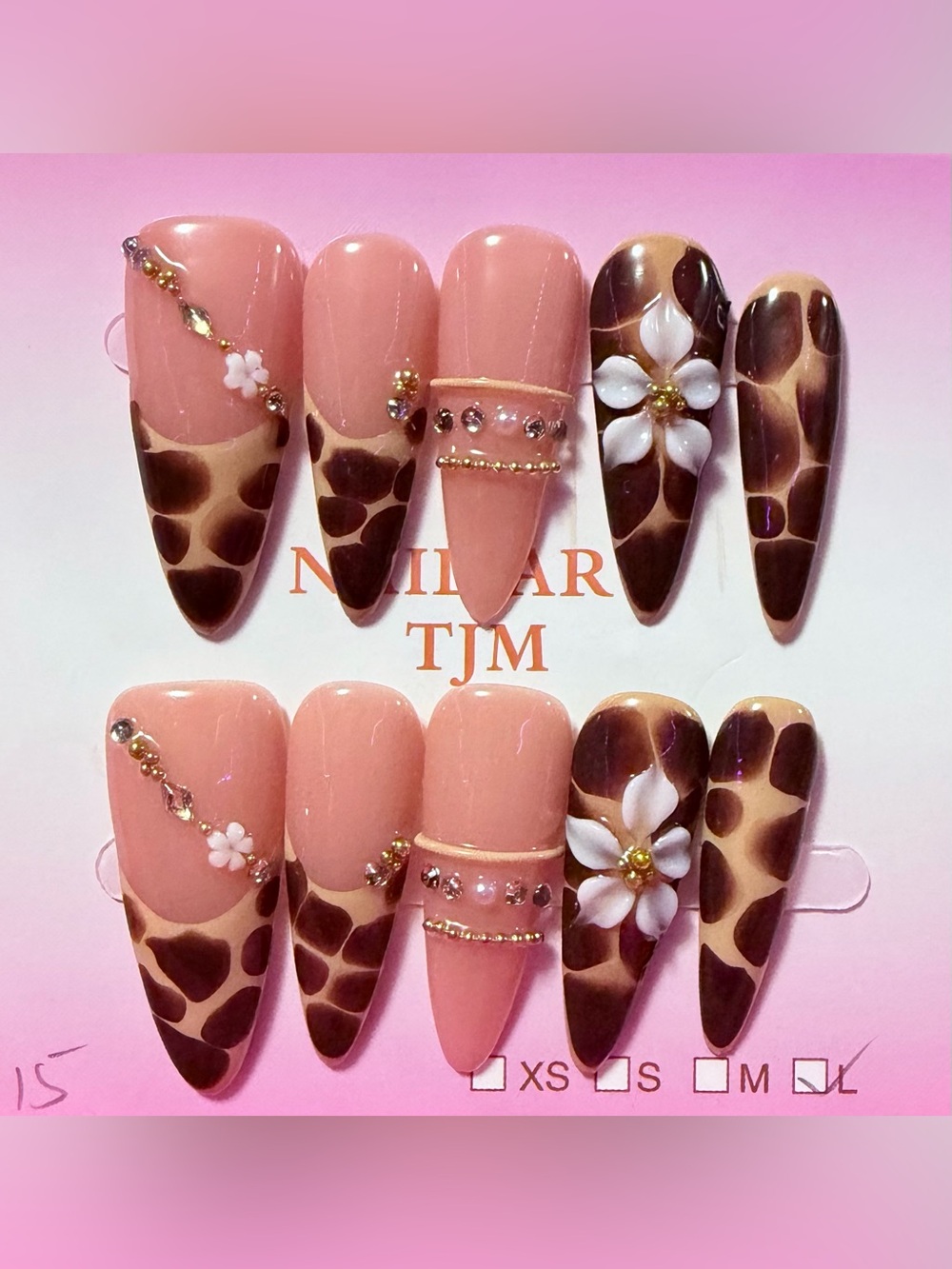 Nail Art Set - Pink & Brown Giraffe Print False Nails with Floral Accent